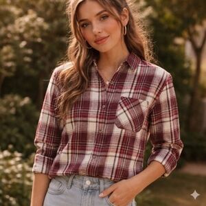 XS TNA Flannel Boyfriend Fit Plaid Maroon and White Checkered Button Down Shirt